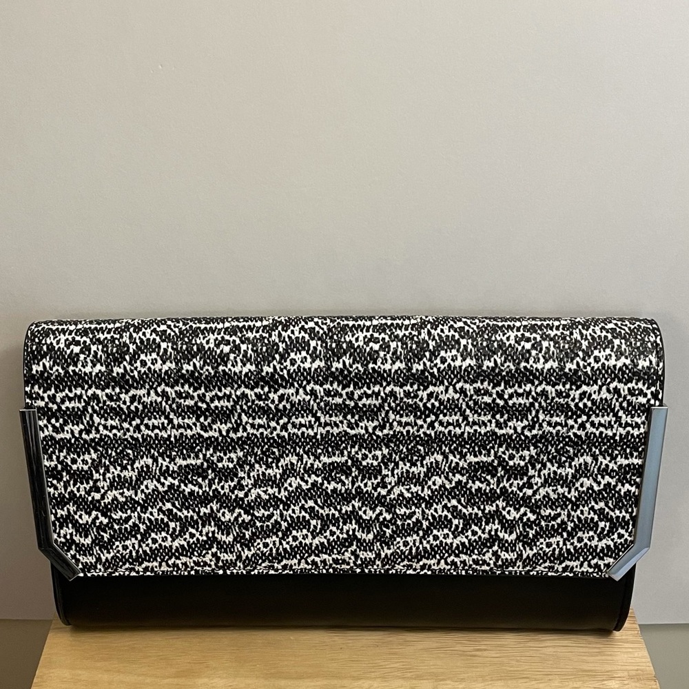 Vince Camuto Leather Clutch Black & White w/Foldover Flap + Magnetic Closure